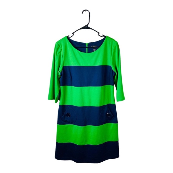 New Directions Womens Half Sleeve Stripe Fit and Flare Dress Green Blue Size 14 - Picture 1 of 10
